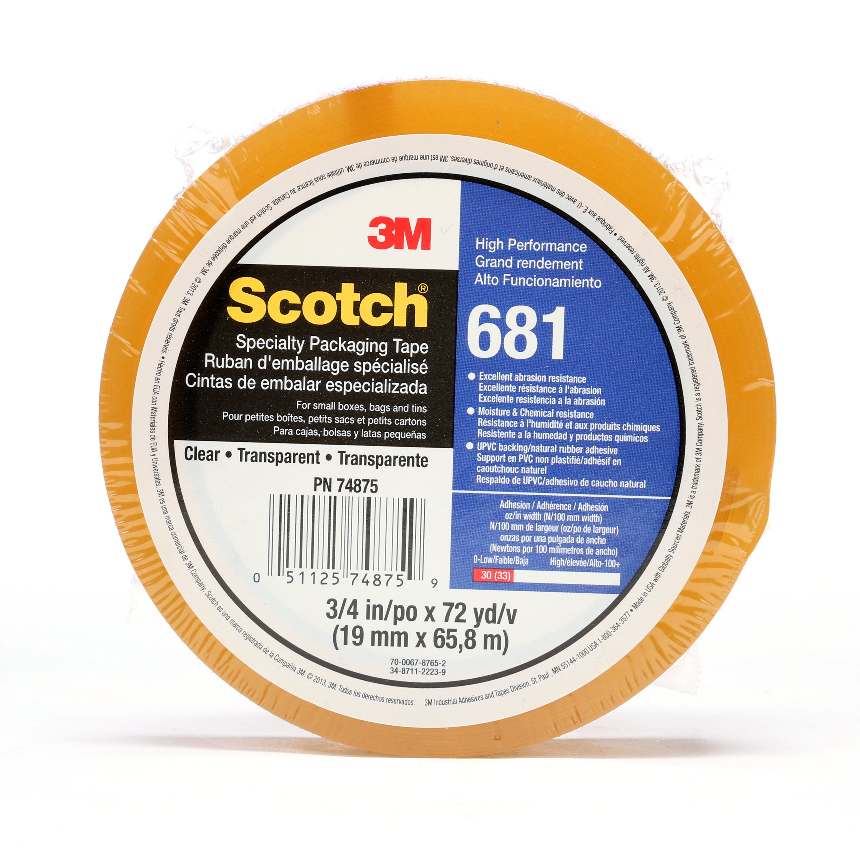 Scotch® Light Duty Packaging Tape 681 is a 2.4 mil (0.061 mm) thick transparent film tape with a very high strength natural rubber adhesive which adheres instantly to a wide variety of difficult substrates.