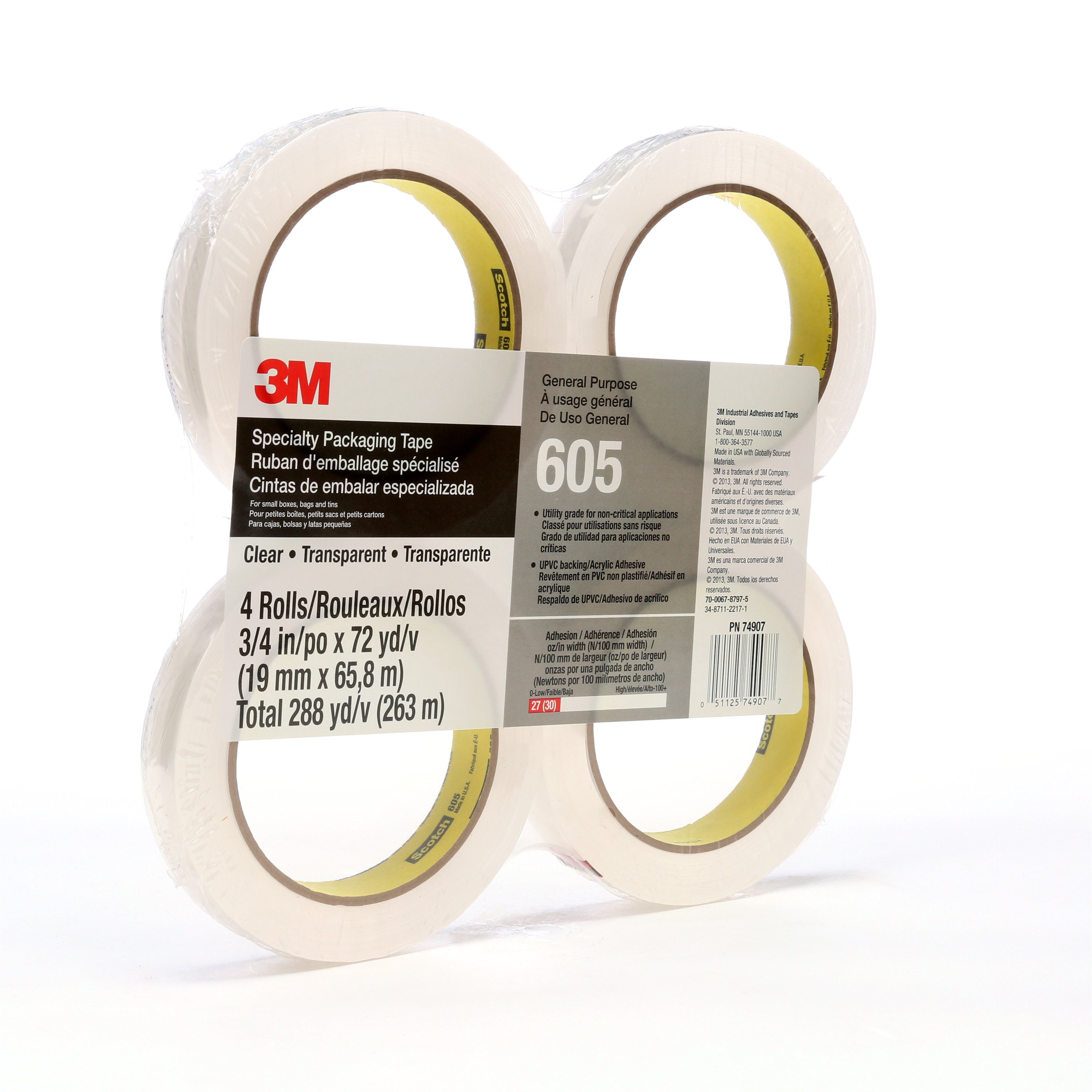 Scotch® Light Duty Packaging Tape 605 is a 2.5 mil (0.064 mm) thick transparent film tape with a medium strength acrylic adhesive which adheres instantly to a wide variety of surfaces.