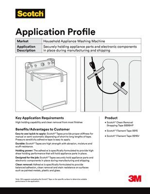 Scotch™ Filament Tape 8915 Clean Removal Application Profile - Household Appliance: Holding the corner protectors of a household washing machine down during manufacturing and shipping.