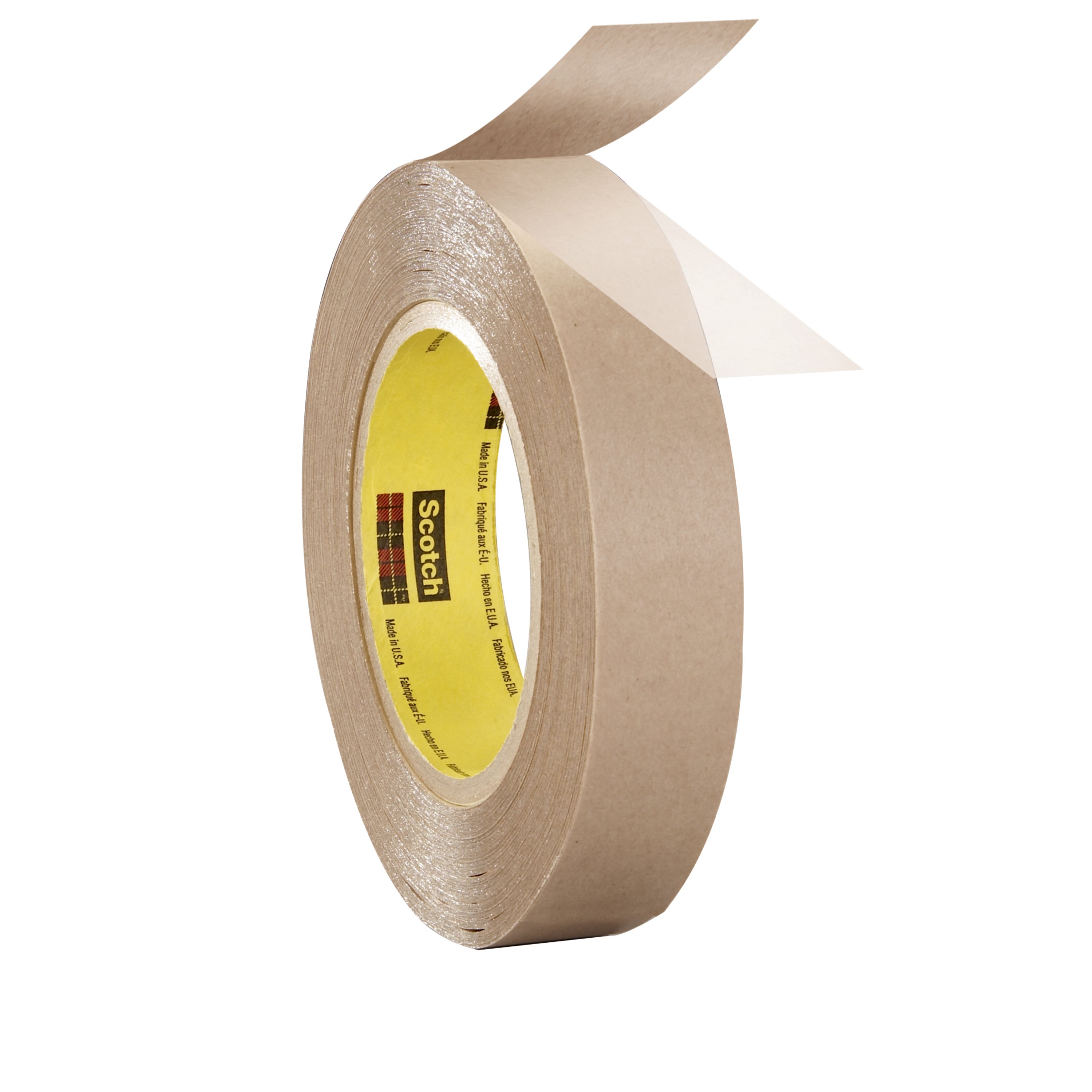 A roll of double-coated tape with a translucent layer revealed beneath a brown liner