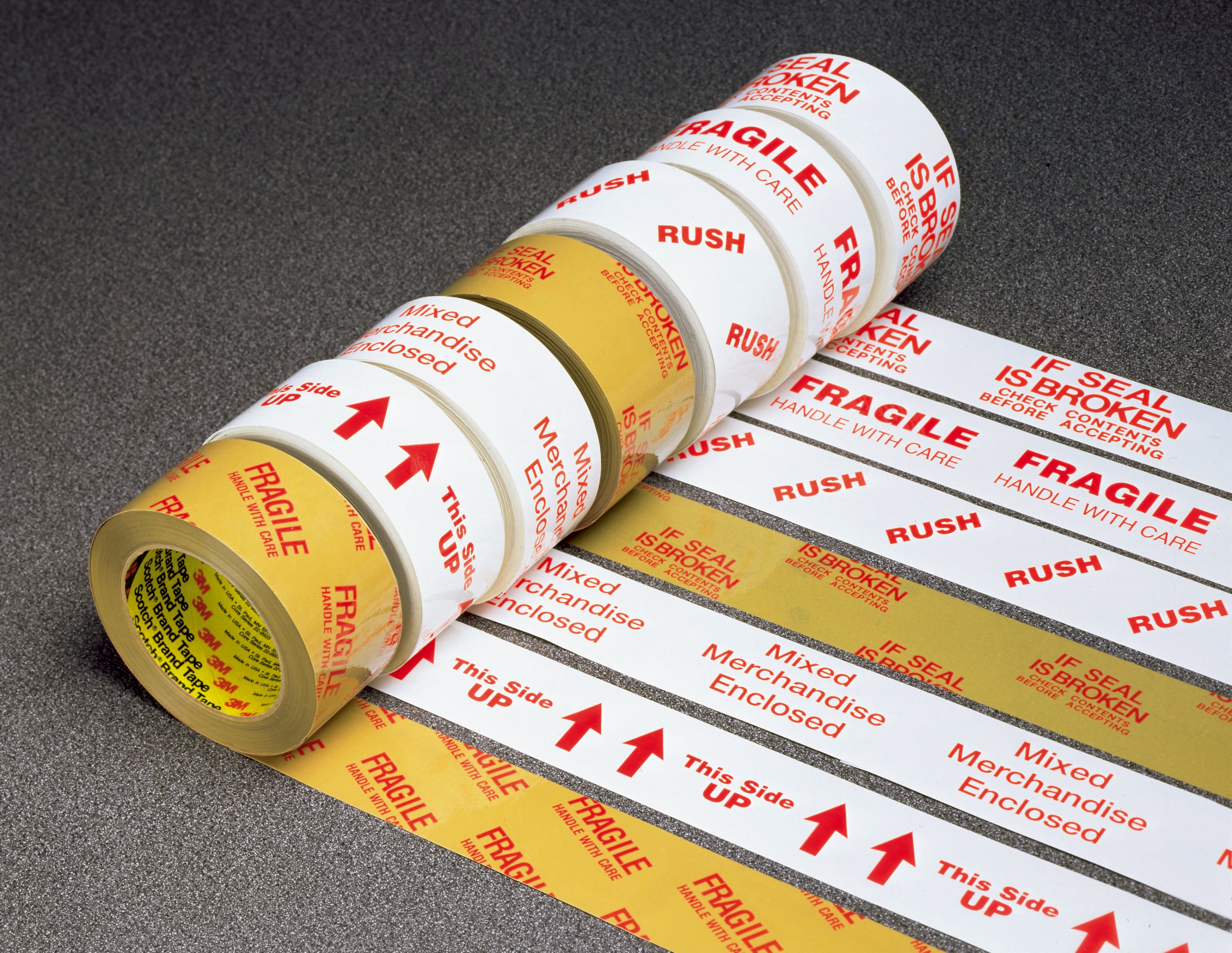 Scotch® Printed Message Box Sealing Tapes are available with a variety of pre-printed messages