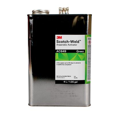 3M™ Scotch-Weld™ Anaerobic Activator AC649 increases the cure rate of anaerobic adhesives, especially on inactive metals, such as plated parts, anodized aluminum, stainless and galvanized steel.