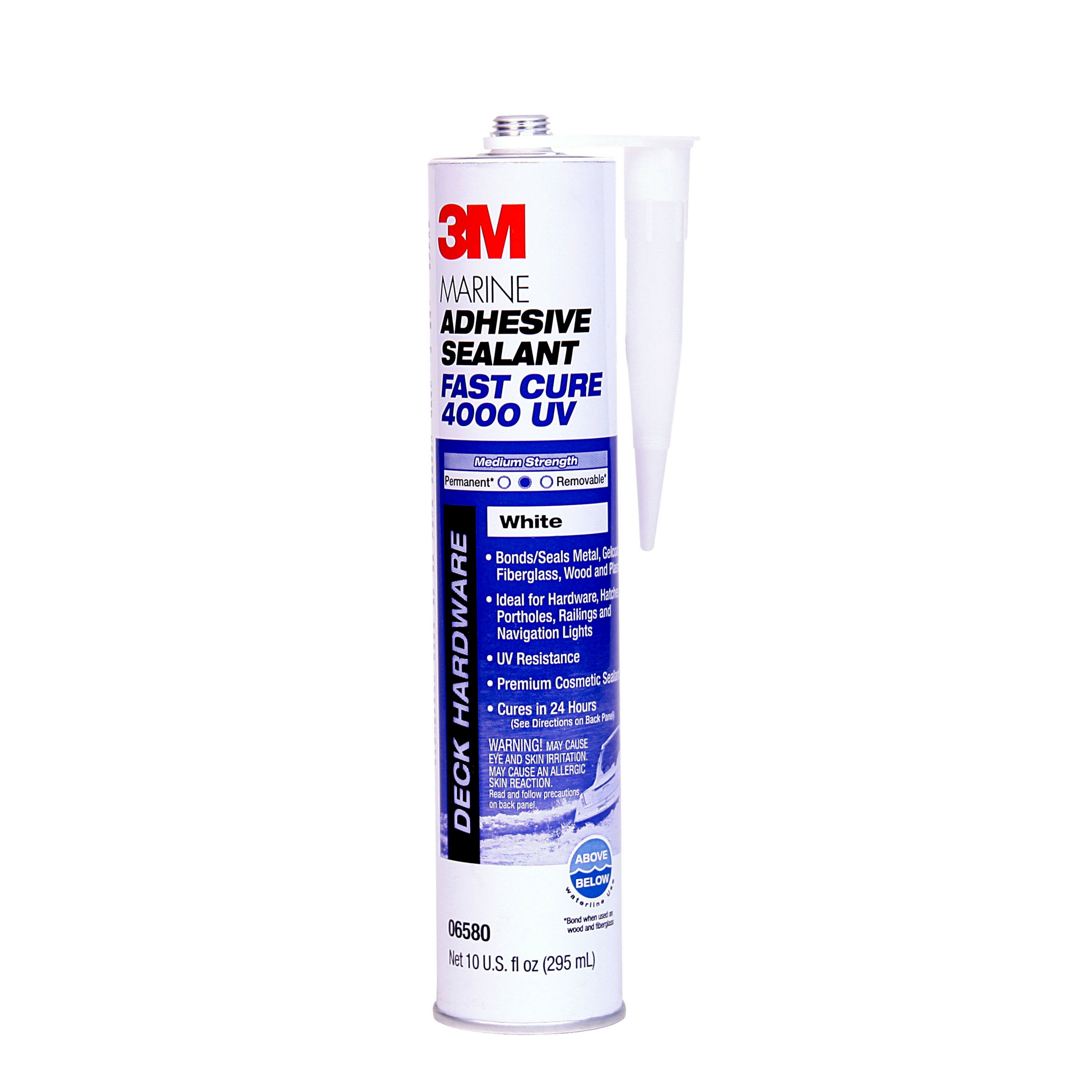  3M™ Marine Adhesive Sealant 4000 UV is a one-part adhesive sealant formulated to provide an exceptionally strong bond for harsh conditions as well as flexibility to combat vibrations, swelling, shrinking or shock common on boats or other marine applications. 