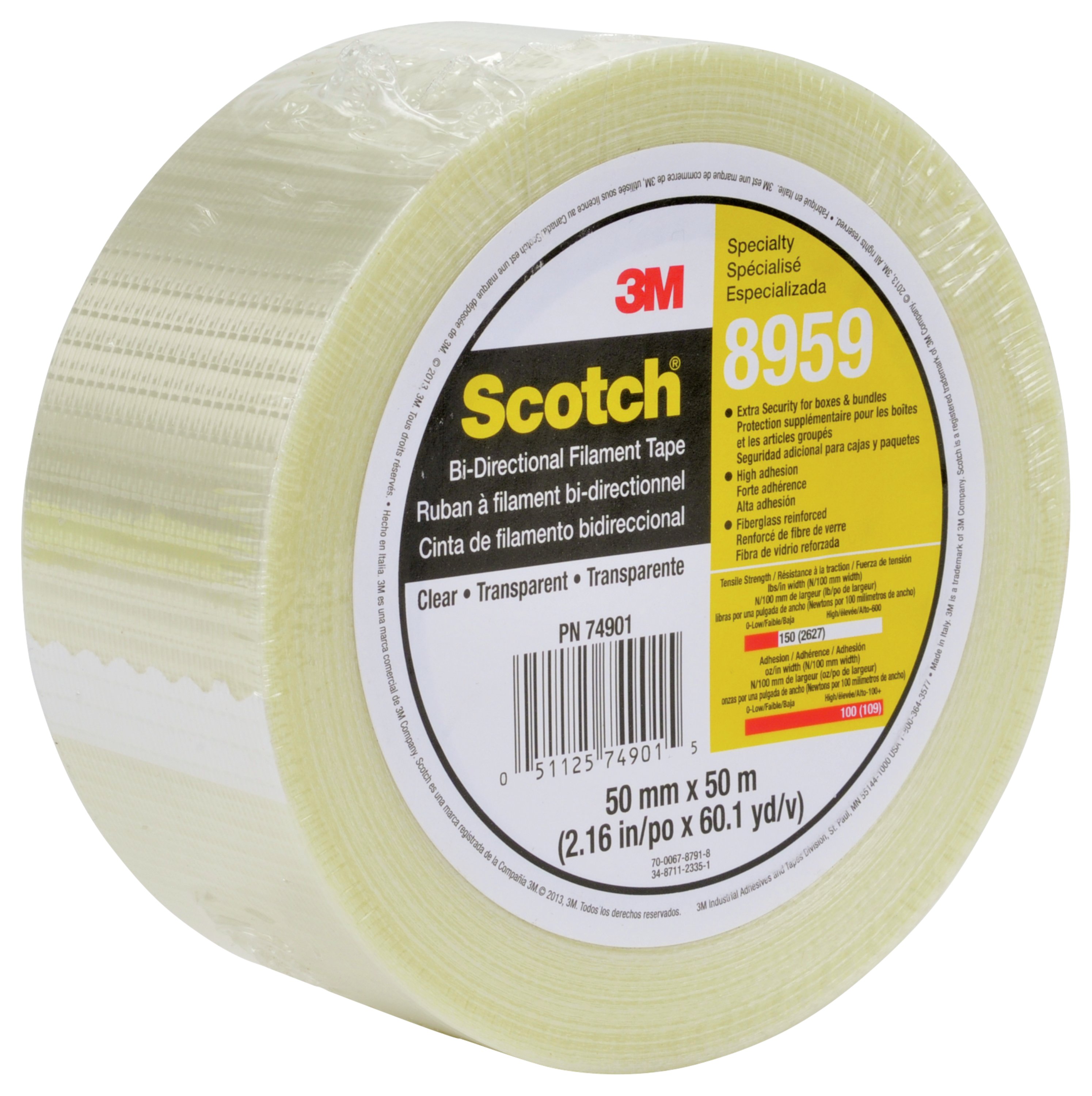 Scotch® Bi-Directional Filament Tape 8959 provides cut edge protection and resists abrasion and splitting. A synthetic rubber adhesive provides high initial adhesion and holds well with minimum rub-down on most surfaces. 